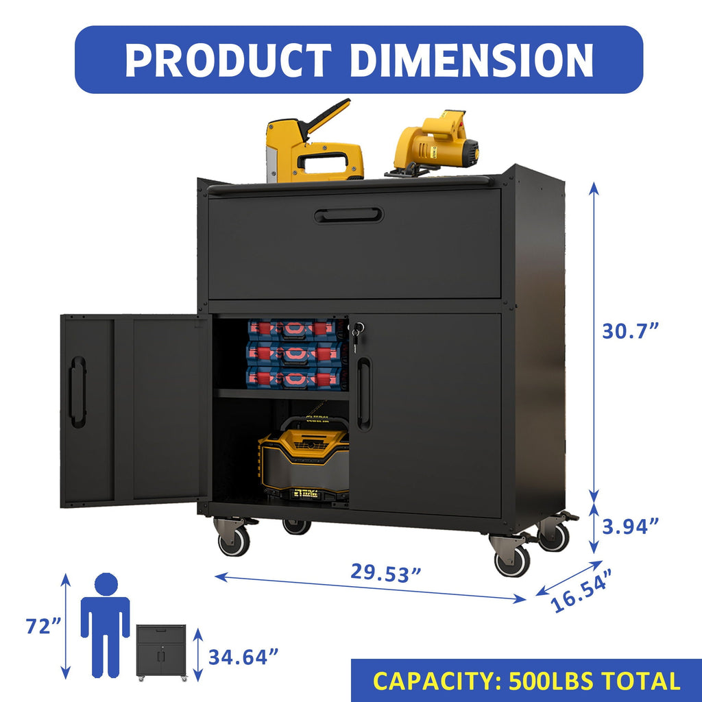 Sturdy And Durable Metal Tool Cabinet For Garage With Wheels Mobile Heavy Duty Storage Cabinet With 1 Drawer And 2 Locking Doors