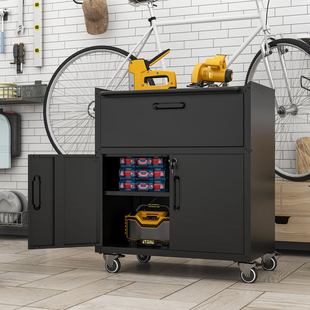 Sturdy And Durable Metal Tool Cabinet For Garage With Wheels Mobile Heavy Duty Storage Cabinet With 1 Drawer And 2 Locking Doors