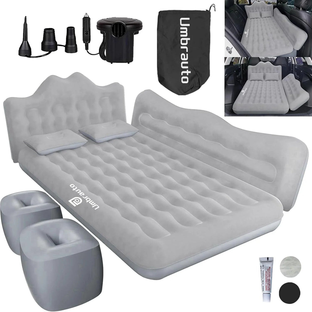 Umbrauto 29.53in/75cm Wide Car Air Mattress – Inflatable SUV, Truck & Van Back Seat Camping Bed with Pump & Pillows, Gray