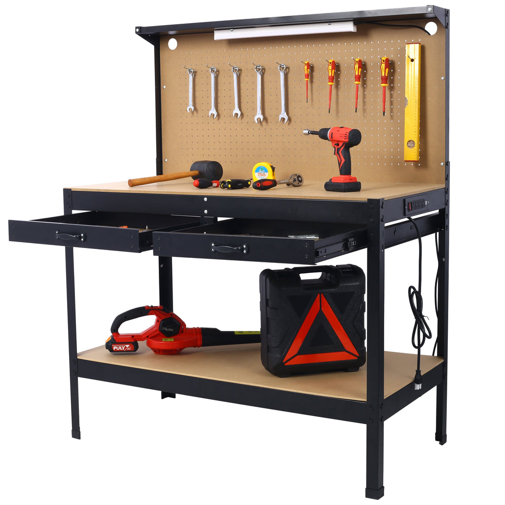 Steel Workbench Tool Storage Work Bench Workshop Tools Table W/Drawer and Peg Board ,4xAC outlets 2xUSB Ports