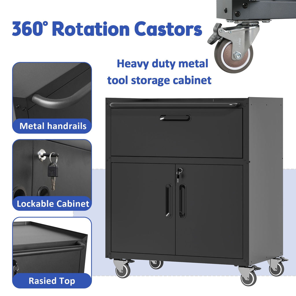 Sturdy And Durable Metal Tool Cabinet For Garage With Wheels Mobile Heavy Duty Storage Cabinet With 1 Drawer And 2 Locking Doors