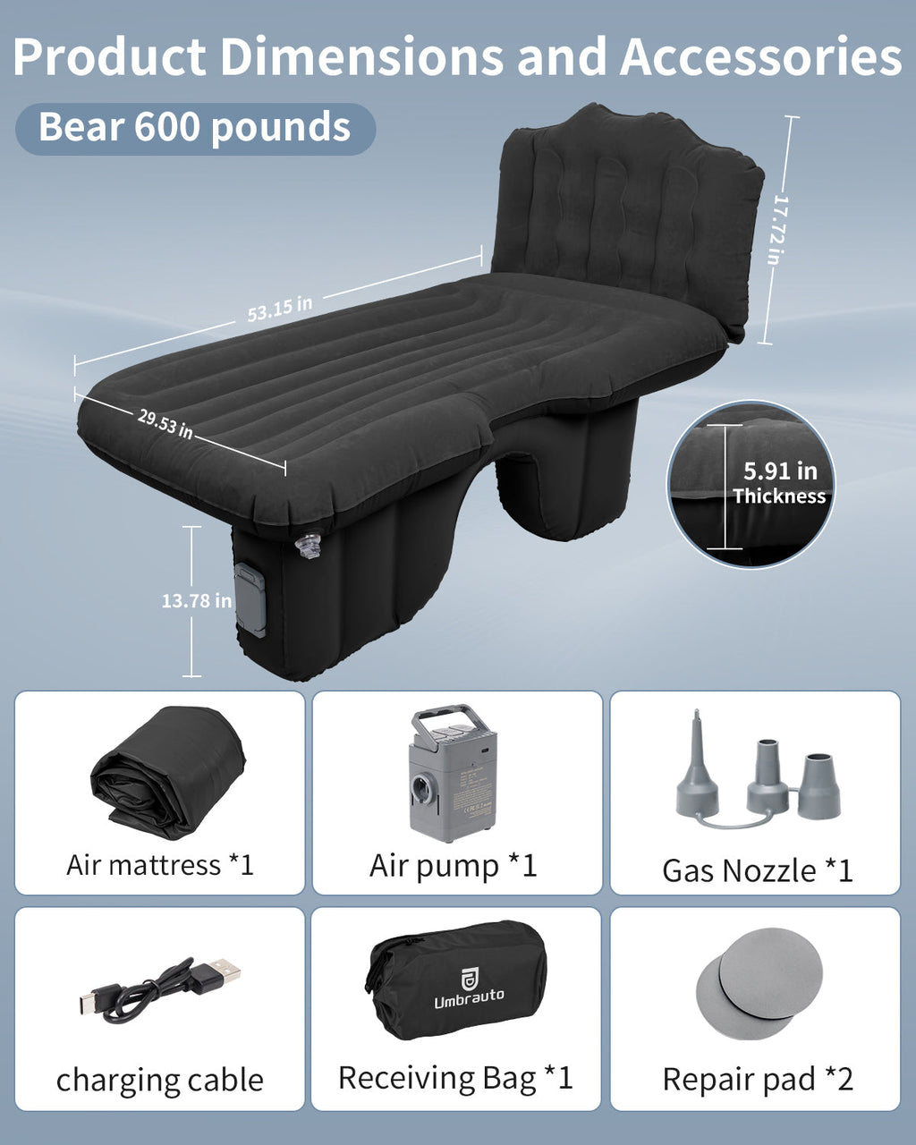 Umbrauto Back Seat Car Air Mattress with Built-in Rechargeable Pump: Cordless Inflatable Car Bed for Rear Seat Camping, 1-Click Fast Setup Thickened Flocking Sleeping Pad for Sedan, Truck & SUV