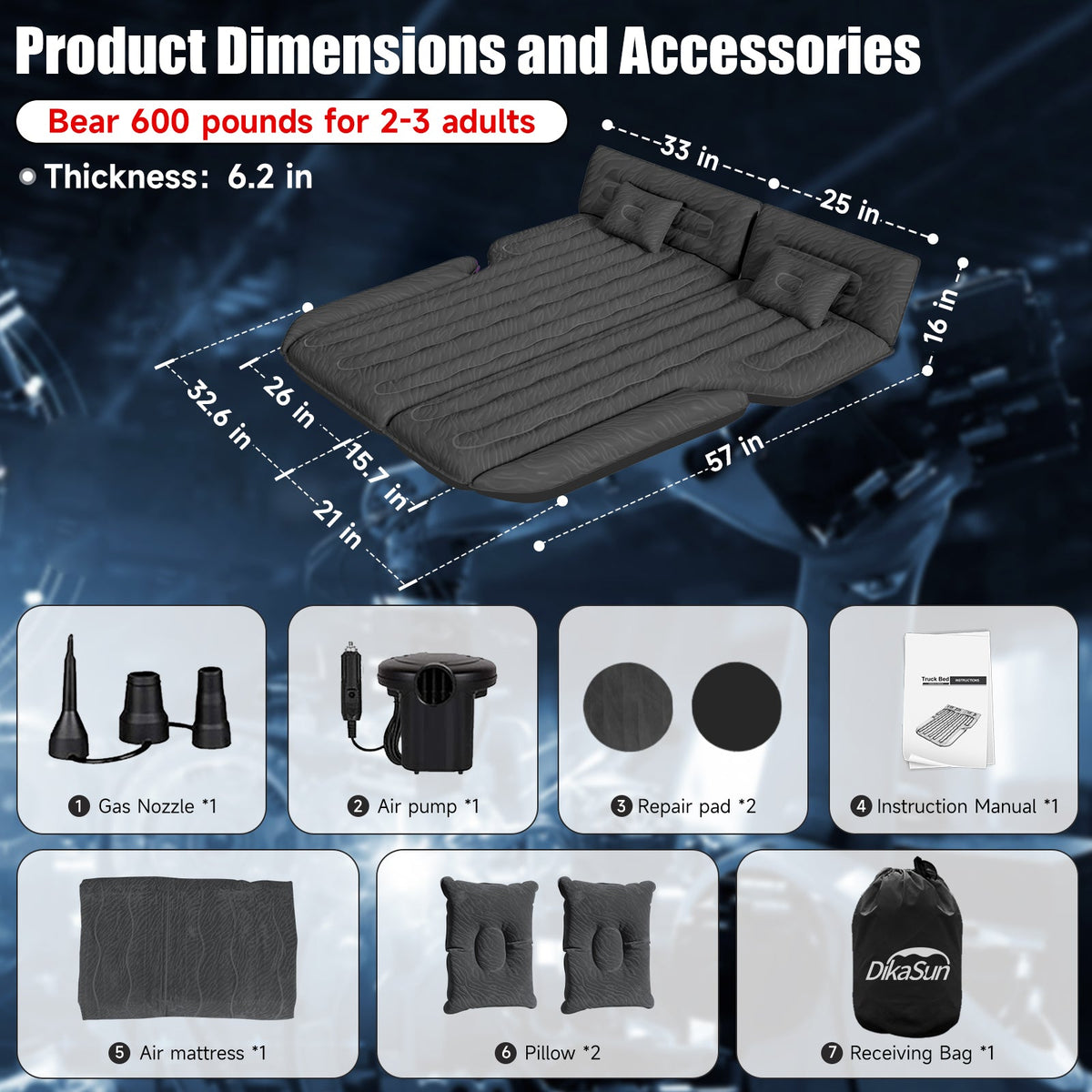 DikaSun SUV Air Mattress Upgraded Flocking and Extra Thick Oxford Surface Sleeping Bed for with Electric Pump,3M Charging Cable, Black