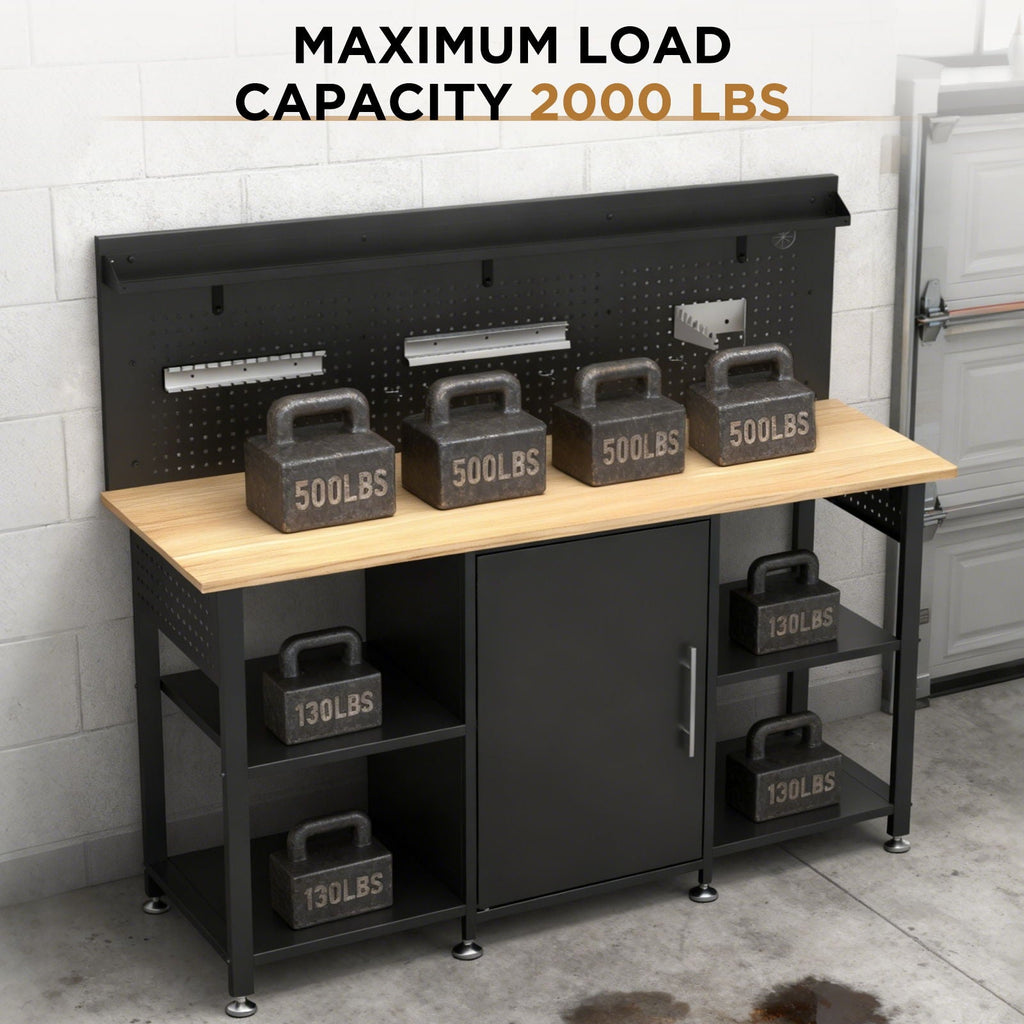 Workbench With Storage Cabinet And Pegboard - Black