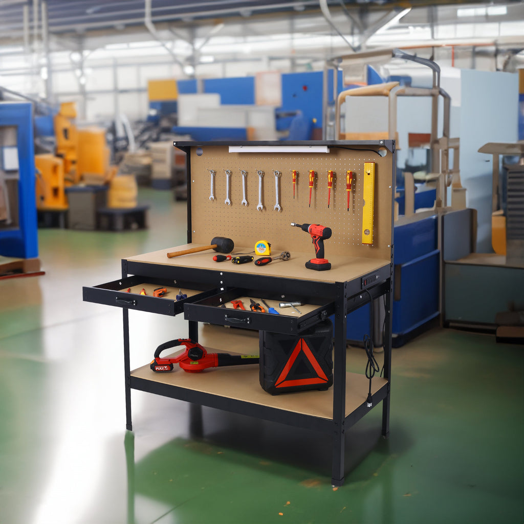 Steel Workbench Tool Storage Work Bench Workshop Tools Table W/Drawer and Peg Board ,4xAC outlets 2xUSB Ports