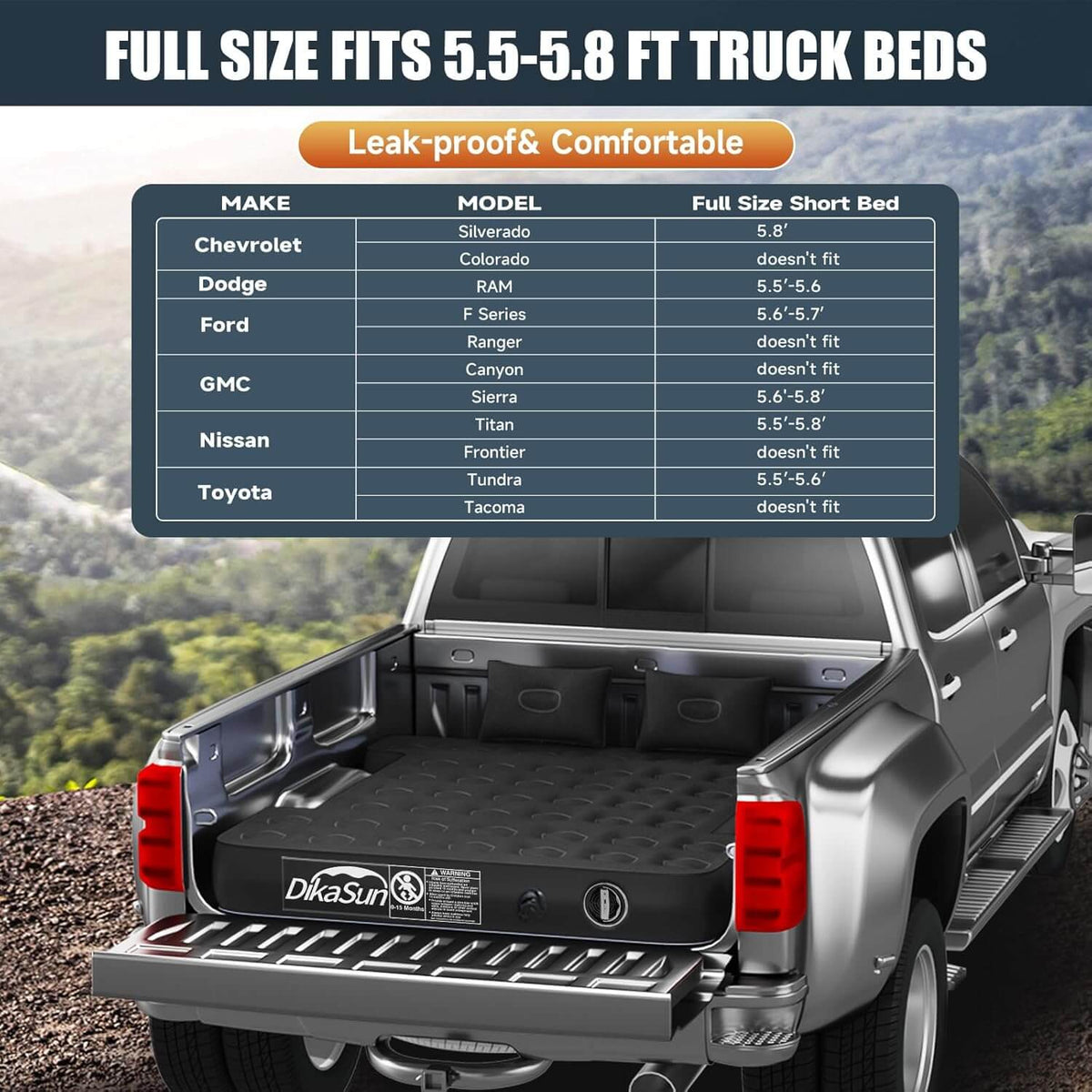 DikaSun 5.5-5.8ft Full Size Auto Inflate Truck Bed Air Mattress