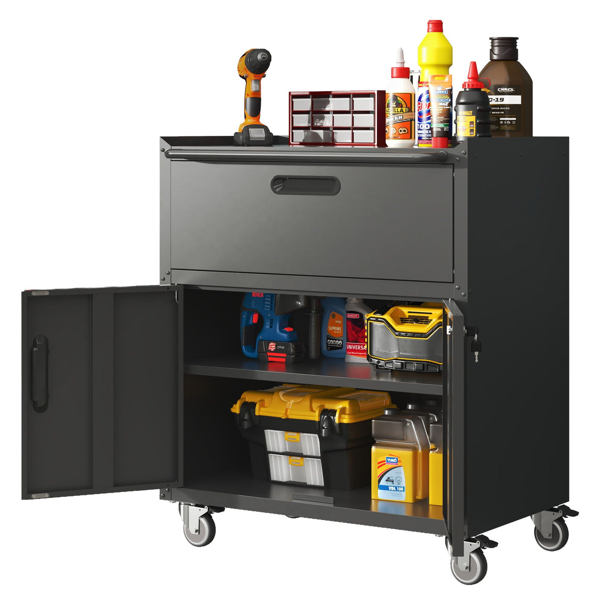 Sturdy And Durable Metal Tool Cabinet For Garage With Wheels Mobile Heavy Duty Storage Cabinet With 1 Drawer And 2 Locking Doors