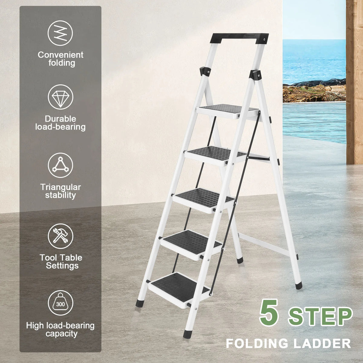 Step Ladder, Folding Step Stool, Heavy-Duty Step Ladder Stool with Handrail Wide Pedal, Anti-Slip Step Ladder with Handgrip