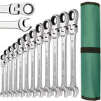 Ratchet Combination Wrench Set 6-32mm Gear Ring Ratcheting Combination Wrench Kit Metric Flexible Head with Canvas Bag Tools Set